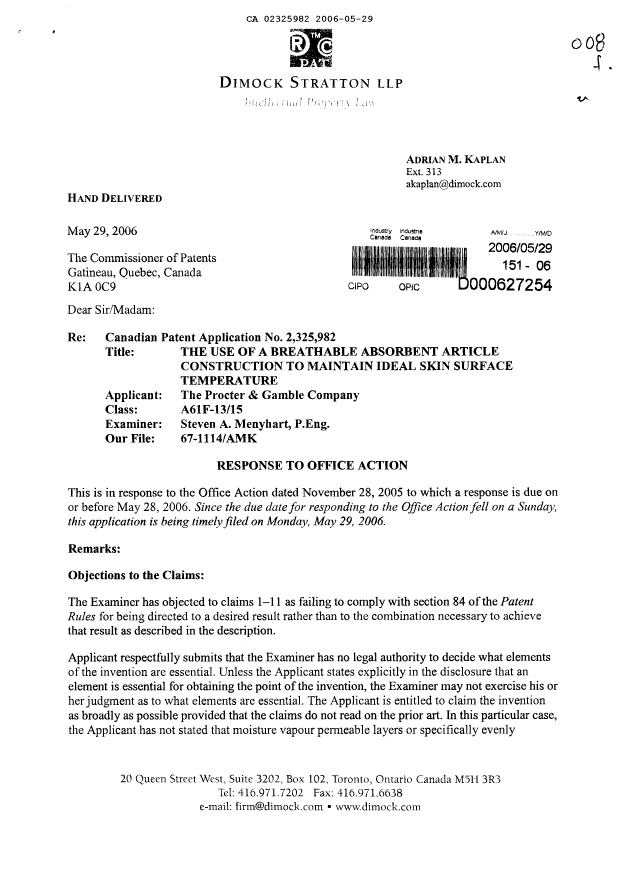 Document de brevet canadien 2325982. Poursuite-Amendment 20060529. Image 1 de 2