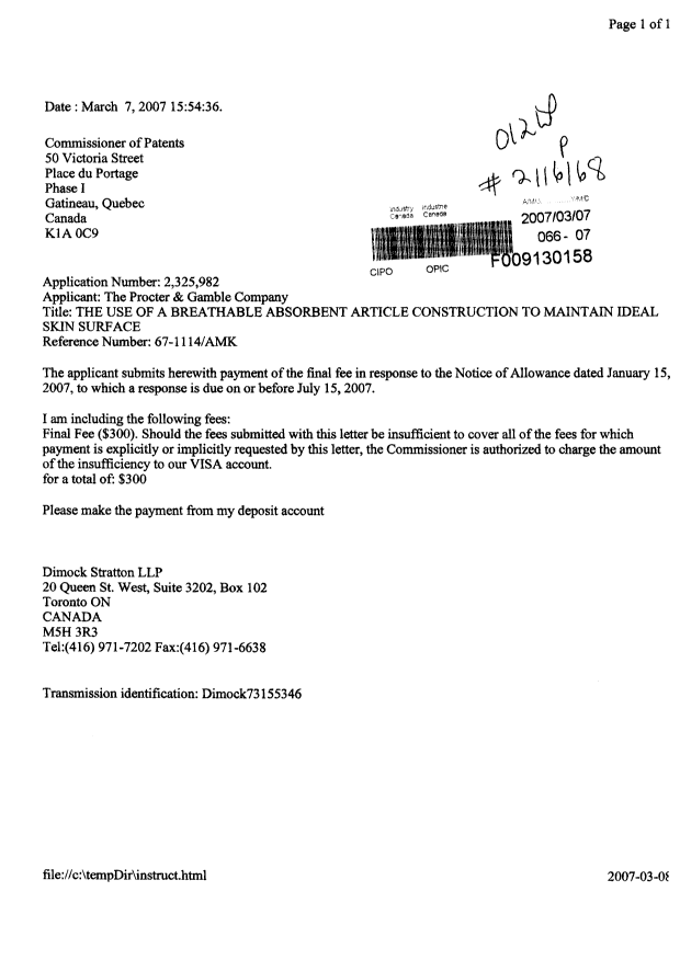 Document de brevet canadien 2325982. Correspondance 20070307. Image 1 de 1