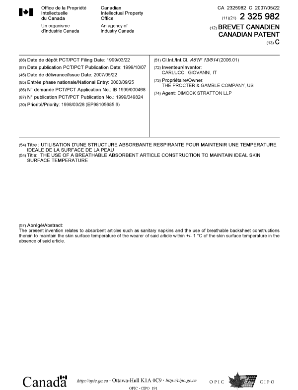 Document de brevet canadien 2325982. Page couverture 20070502. Image 1 de 1