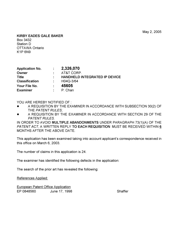 Canadian Patent Document 2326070. Prosecution-Amendment 20050502. Image 1 of 4