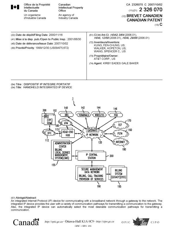 Document de brevet canadien 2326070. Page couverture 20070910. Image 1 de 1