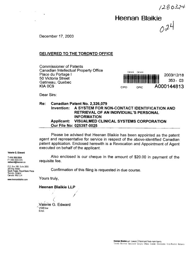 Document de brevet canadien 2326079. Correspondance 20031218. Image 1 de 3