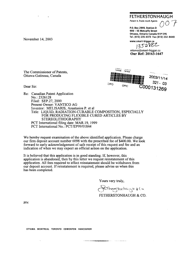 Document de brevet canadien 2326128. Poursuite-Amendment 20031114. Image 1 de 1