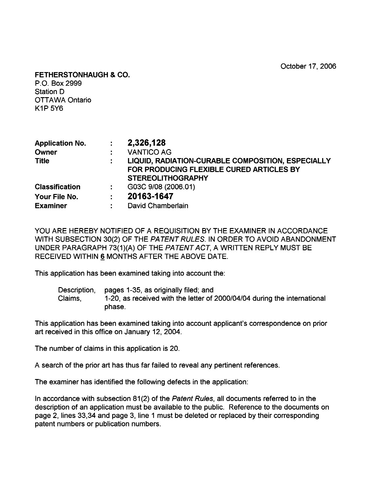 Canadian Patent Document 2326128. Prosecution-Amendment 20061017. Image 1 of 2
