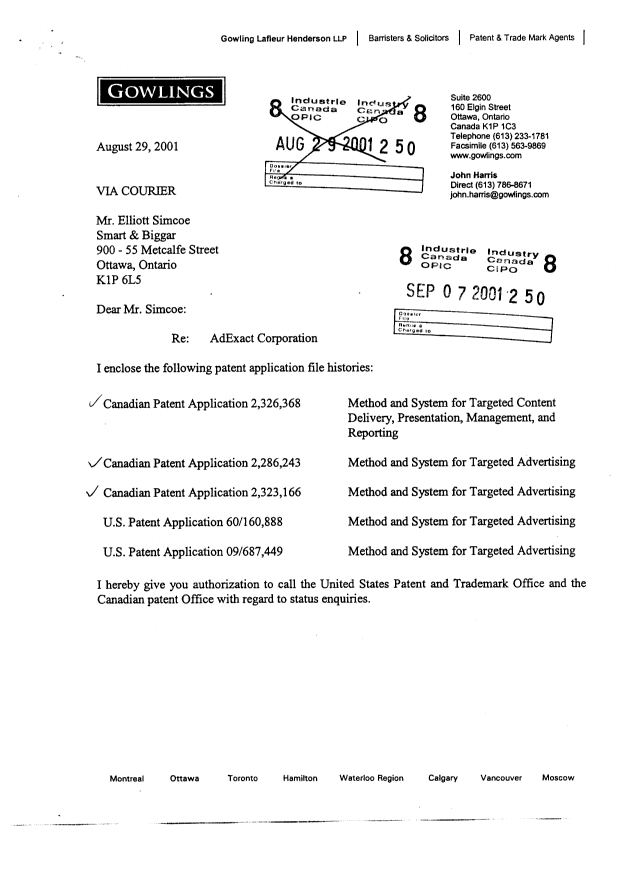 Canadian Patent Document 2326368. Correspondence 20001207. Image 1 of 2