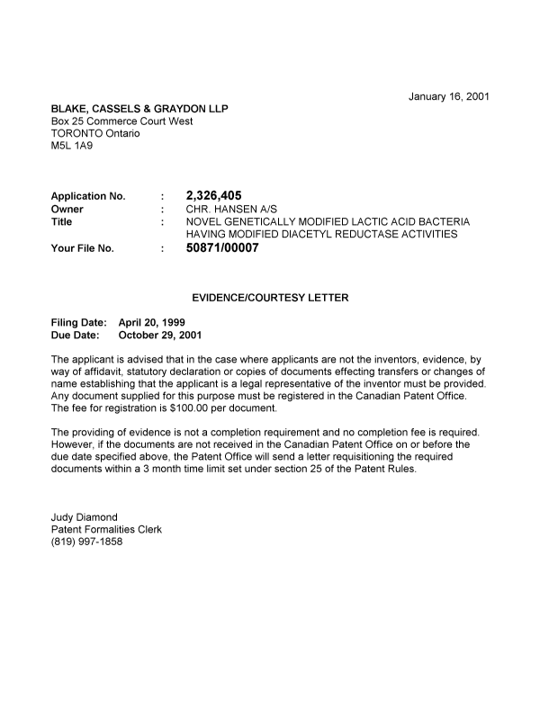 Canadian Patent Document 2326405. Correspondence 20001215. Image 1 of 1