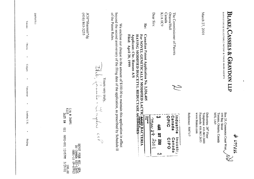 Document de brevet canadien 2326405. Taxes 20001227. Image 1 de 1