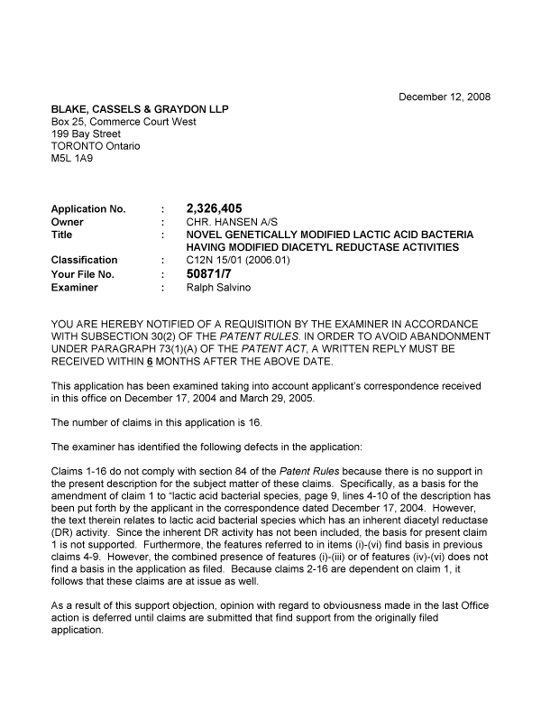 Canadian Patent Document 2326405. Prosecution-Amendment 20071212. Image 1 of 4