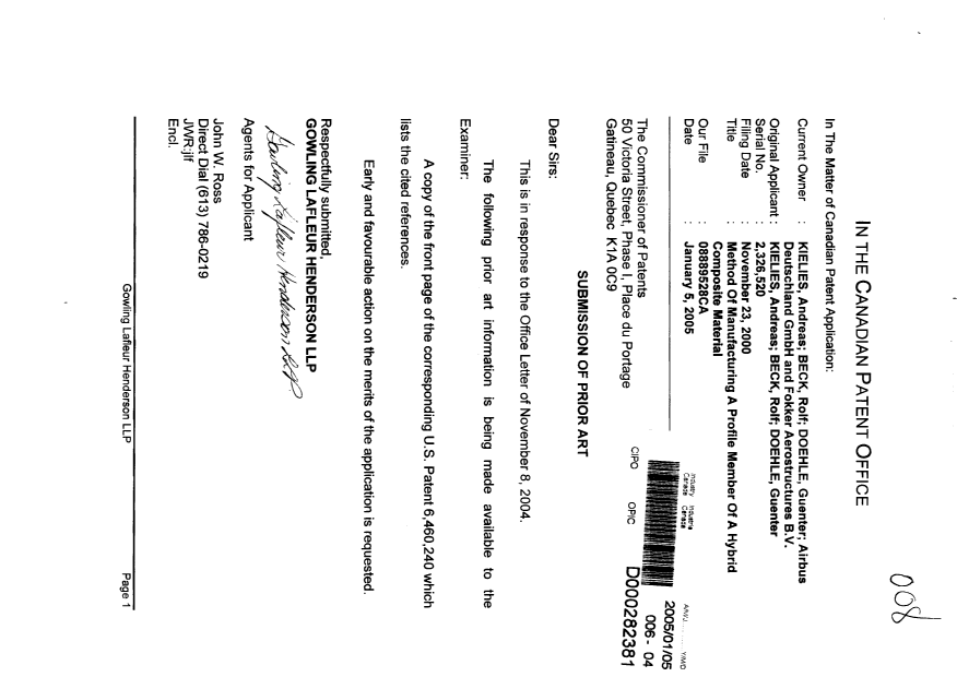 Canadian Patent Document 2326520. Prosecution-Amendment 20050105. Image 1 of 1