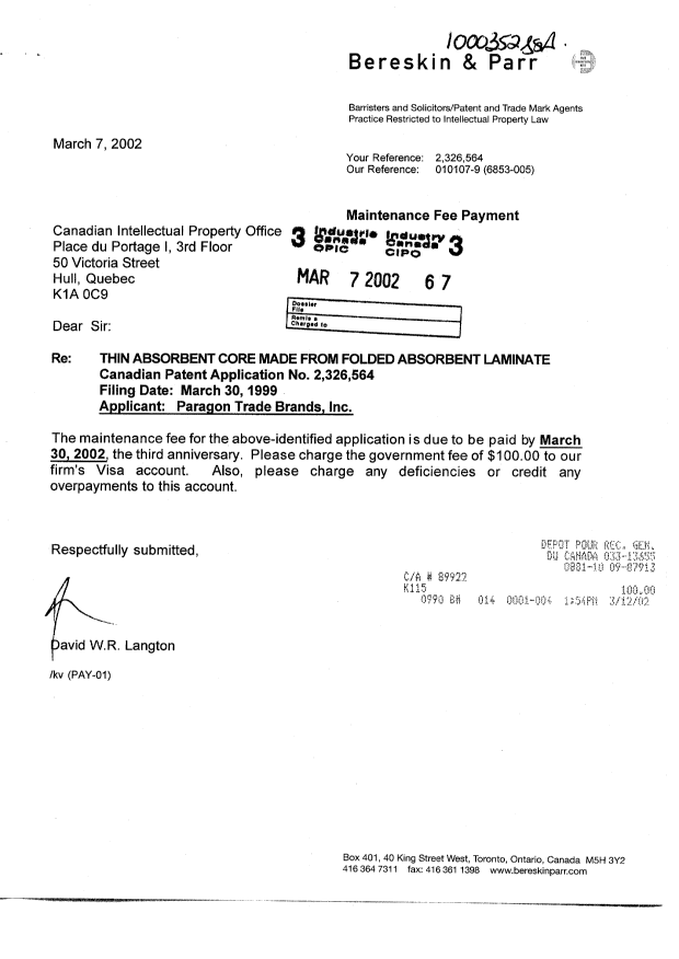 Document de brevet canadien 2326564. Taxes 20020307. Image 1 de 1