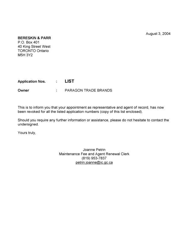 Document de brevet canadien 2326564. Correspondance 20040803. Image 1 de 1