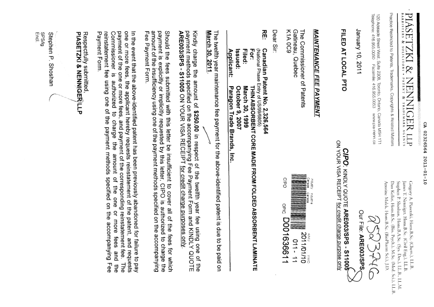 Canadian Patent Document 2326564. Fees 20110110. Image 1 of 1