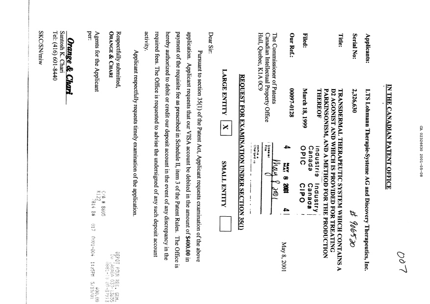 Canadian Patent Document 2326630. Prosecution-Amendment 20010508. Image 1 of 1
