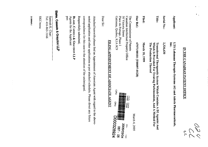 Canadian Patent Document 2326630. Correspondence 20050304. Image 1 of 2