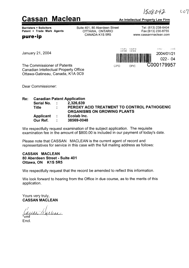 Canadian Patent Document 2326639. Prosecution-Amendment 20040121. Image 1 of 1