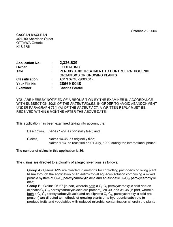 Canadian Patent Document 2326639. Prosecution-Amendment 20061023. Image 1 of 5
