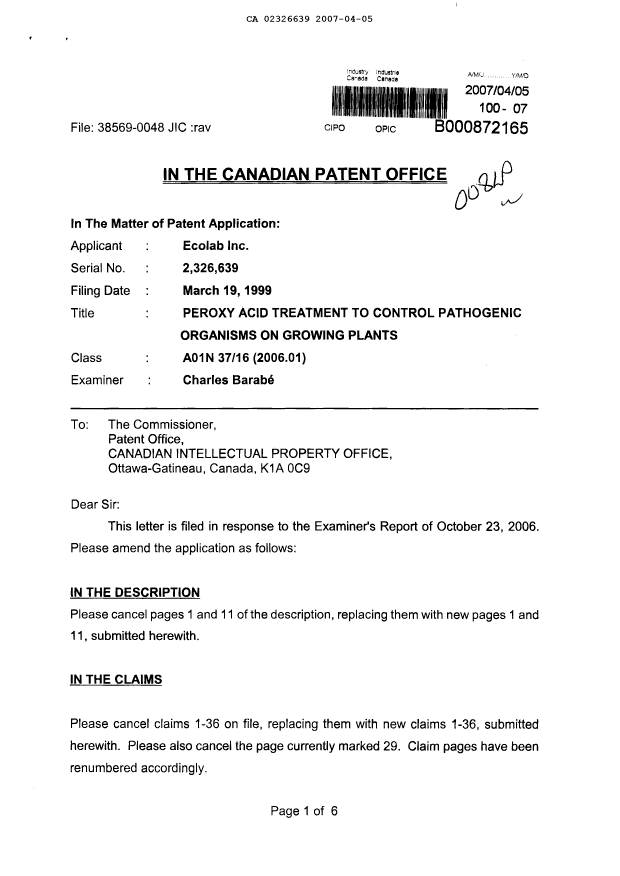 Canadian Patent Document 2326639. Prosecution-Amendment 20070405. Image 1 of 12