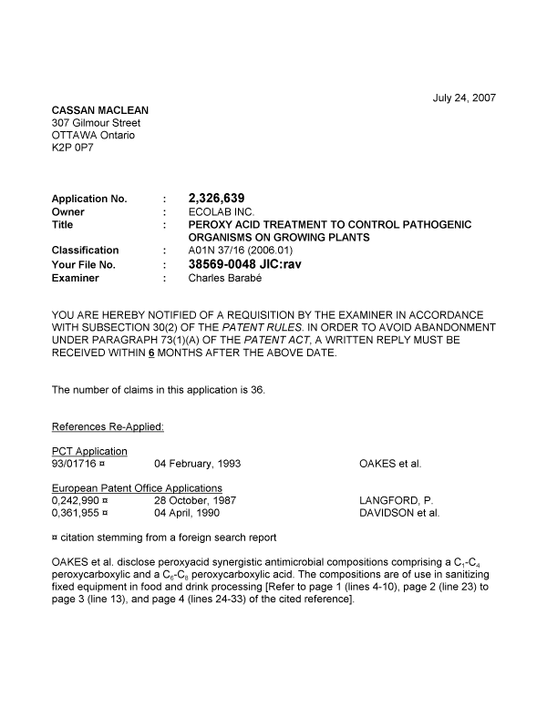 Canadian Patent Document 2326639. Prosecution-Amendment 20070724. Image 1 of 3