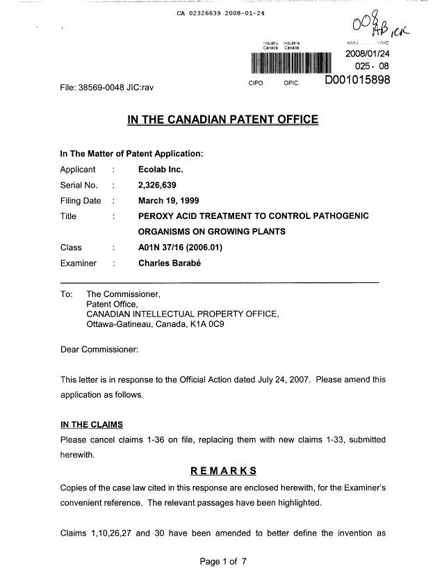 Canadian Patent Document 2326639. Prosecution-Amendment 20080124. Image 1 of 11