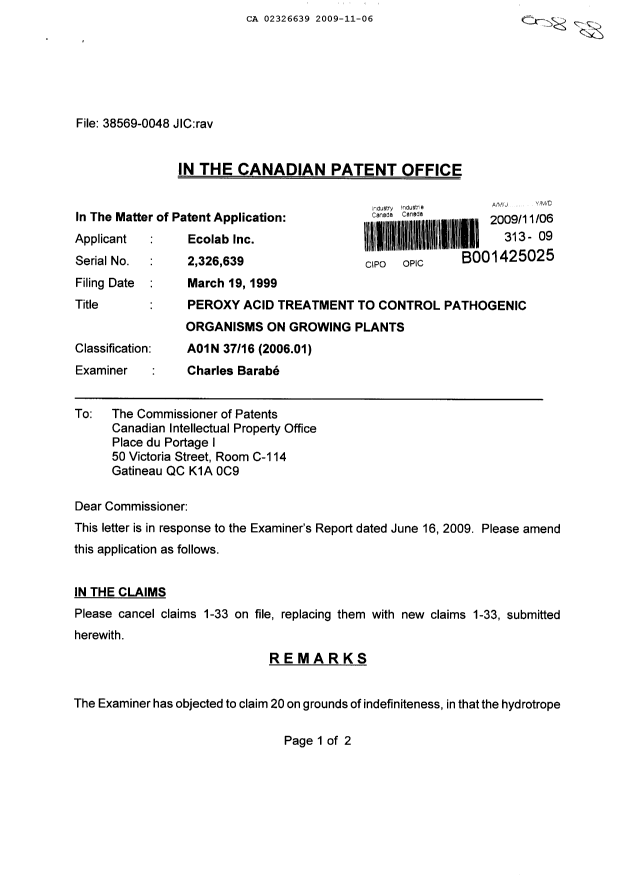 Canadian Patent Document 2326639. Prosecution-Amendment 20091106. Image 1 of 6