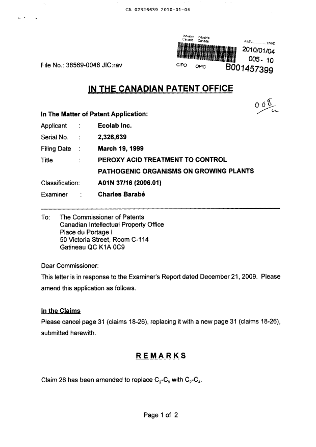 Canadian Patent Document 2326639. Prosecution-Amendment 20100104. Image 1 of 3