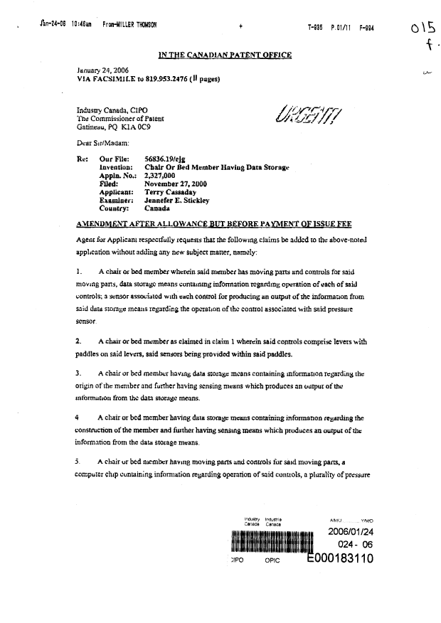 Canadian Patent Document 2327000. Prosecution-Amendment 20060124. Image 1 of 11
