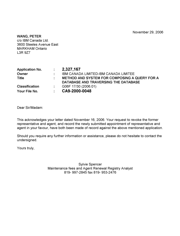 Canadian Patent Document 2327167. Correspondence 20061129. Image 1 of 1