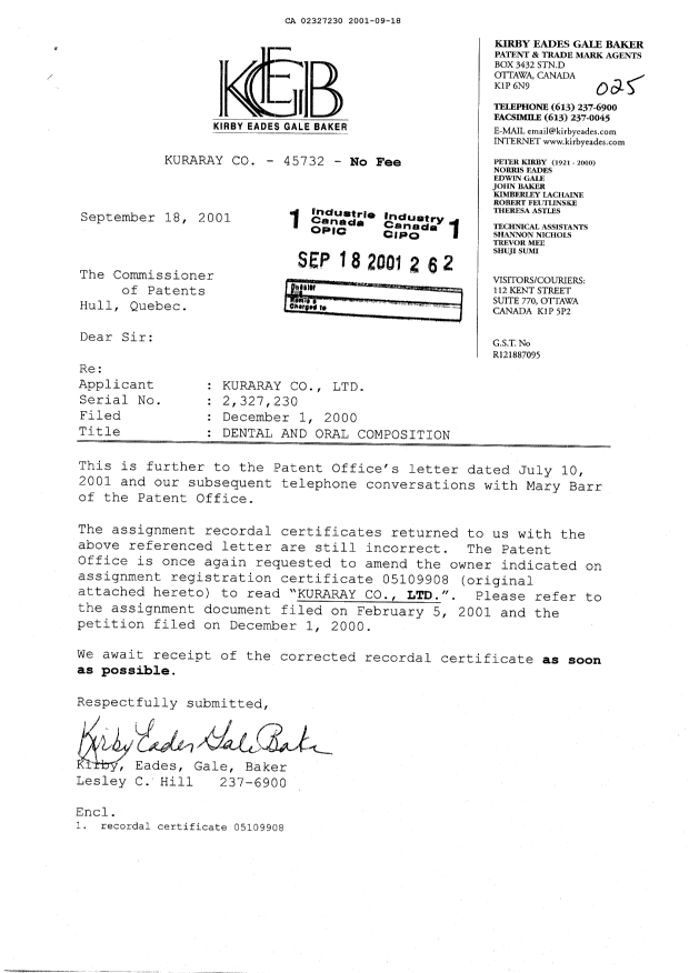 Document de brevet canadien 2327230. Cession 20010918. Image 1 de 2