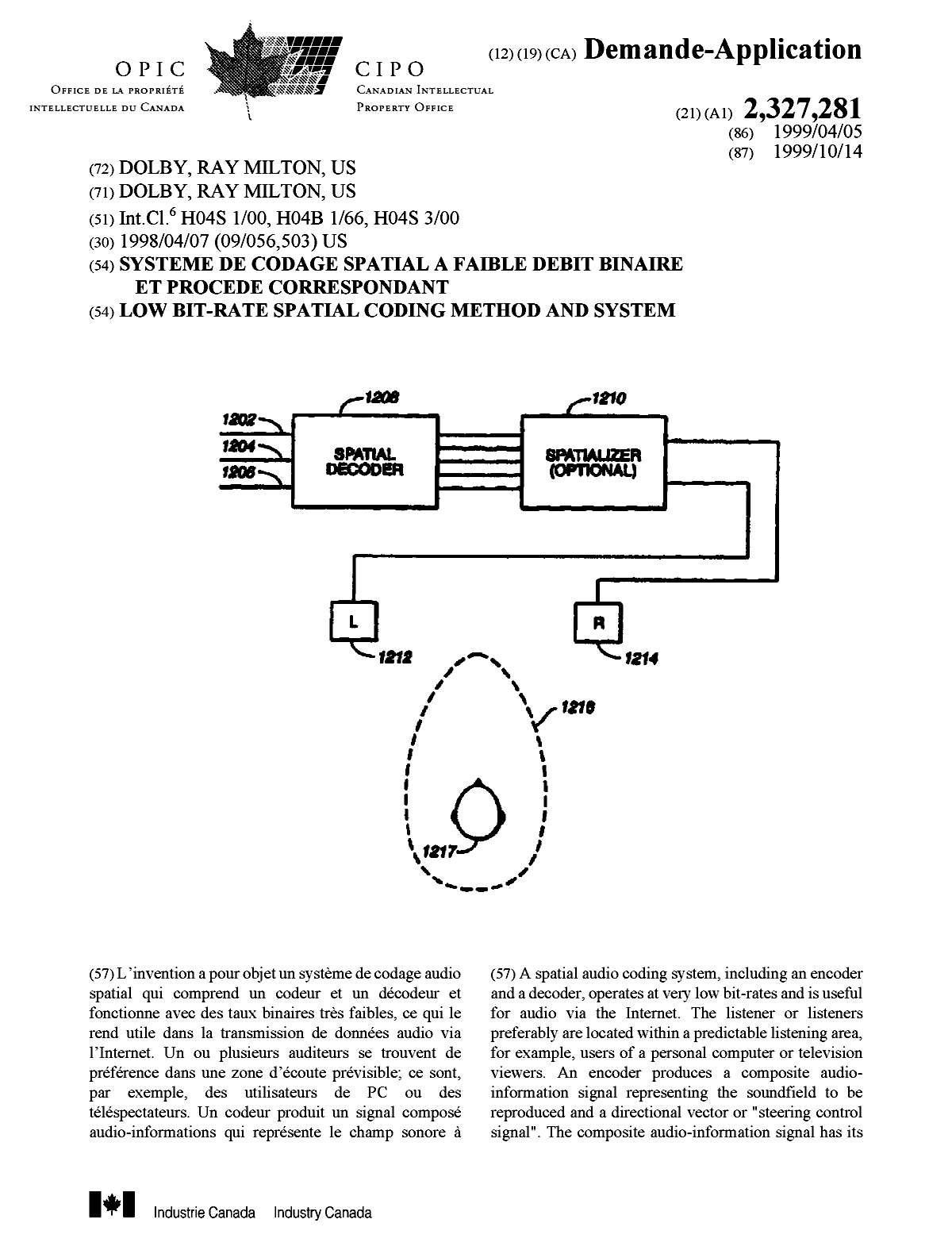 Canadian Patent Document 2327281. Cover Page 20010124. Image 1 of 2