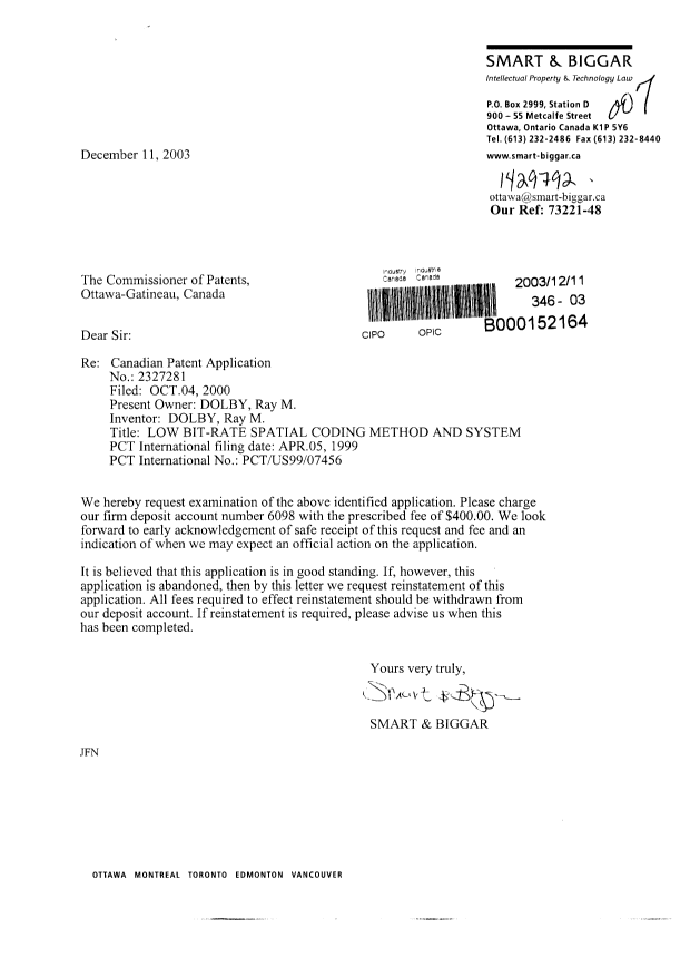 Document de brevet canadien 2327281. Poursuite-Amendment 20031211. Image 1 de 1