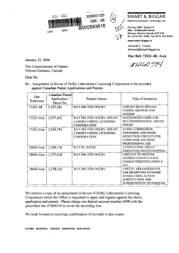 Document de brevet canadien 2327281. Cession 20060125. Image 1 de 3