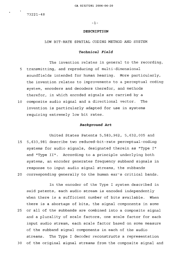Canadian Patent Document 2327281. Description 20060620. Image 1 of 38