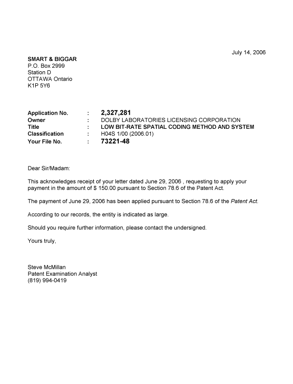 Document de brevet canadien 2327281. Correspondance 20060714. Image 1 de 1