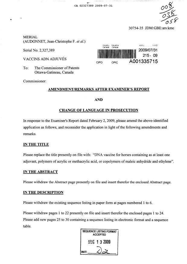 Canadian Patent Document 2327389. Prosecution-Amendment 20090731. Image 1 of 43