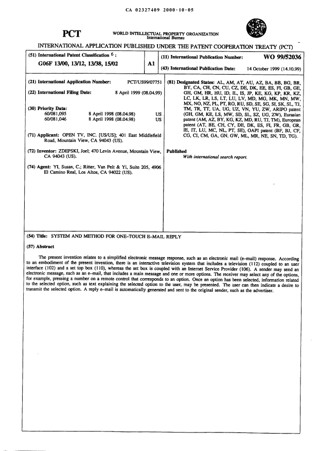 Canadian Patent Document 2327409. Abstract 20001005. Image 1 of 1