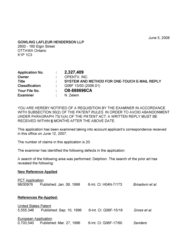 Canadian Patent Document 2327409. Prosecution-Amendment 20080605. Image 1 of 8
