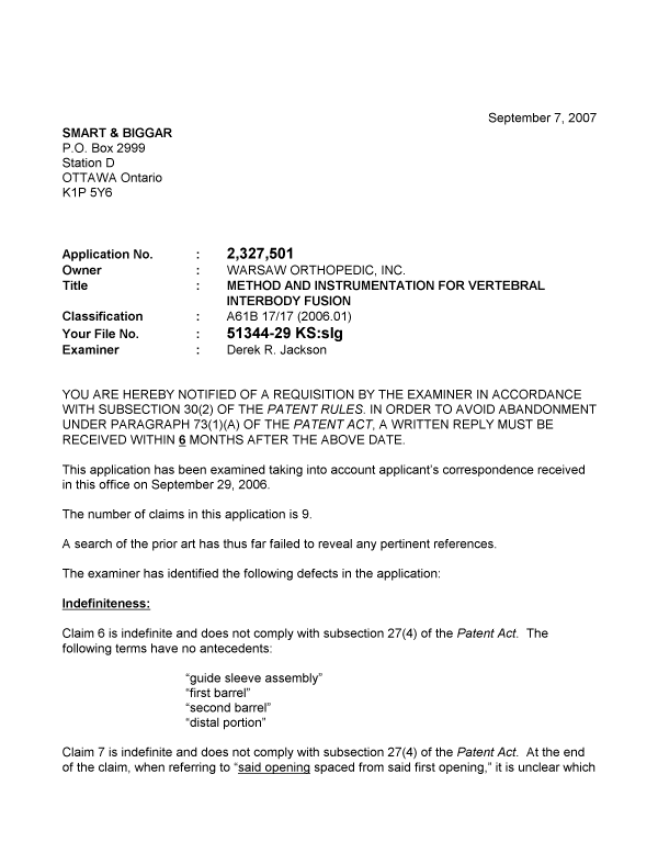 Canadian Patent Document 2327501. Prosecution-Amendment 20070907. Image 1 of 2