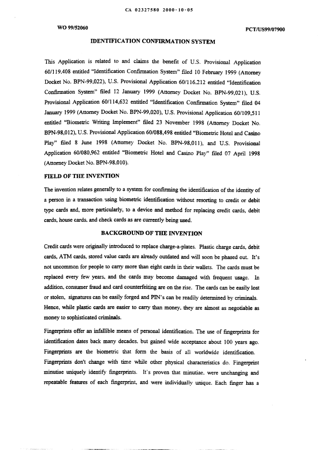 Canadian Patent Document 2327580. Description 19991205. Image 1 of 34