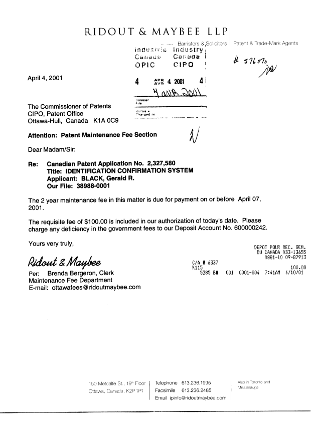 Document de brevet canadien 2327580. Taxes 20010404. Image 1 de 1
