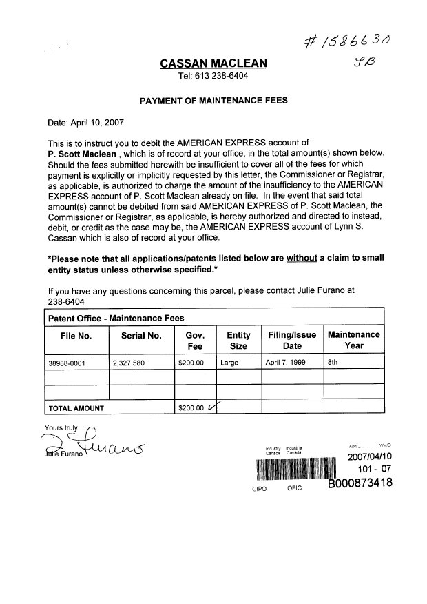 Document de brevet canadien 2327580. Taxes 20070410. Image 1 de 1