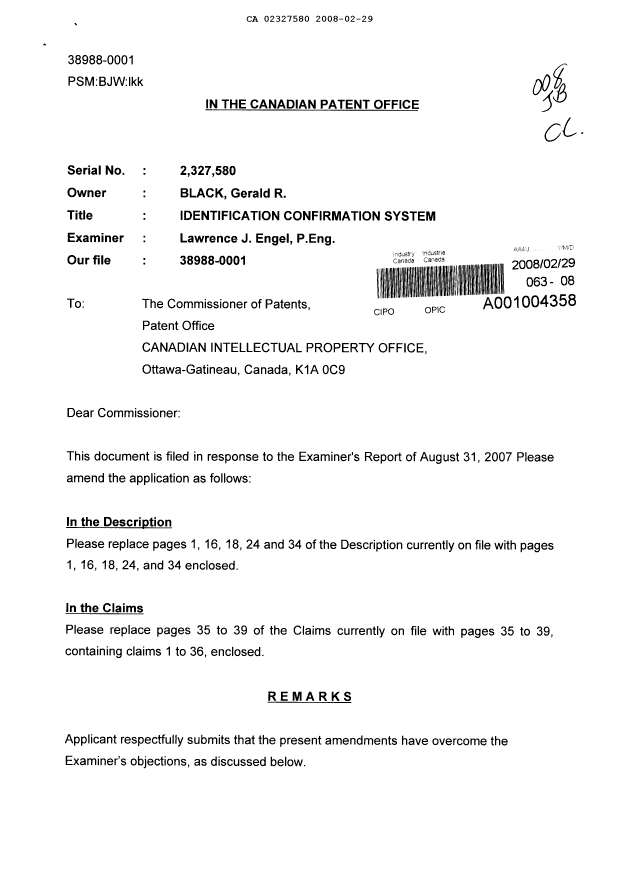 Document de brevet canadien 2327580. Poursuite-Amendment 20071229. Image 1 de 13