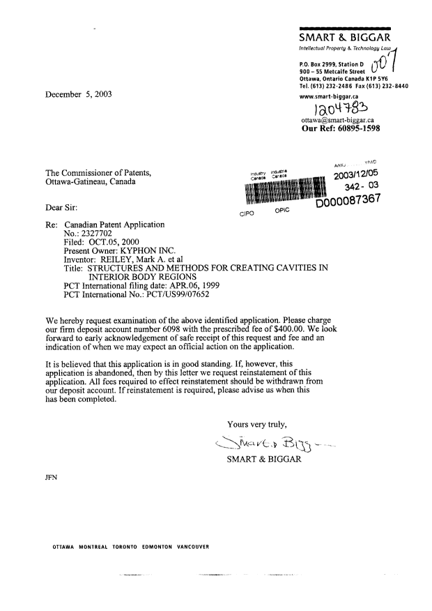 Canadian Patent Document 2327702. Prosecution-Amendment 20031205. Image 1 of 1