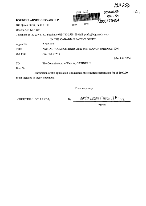 Canadian Patent Document 2327872. Prosecution-Amendment 20040308. Image 1 of 1