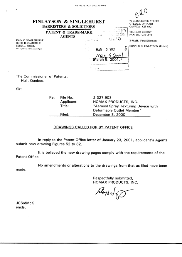 Canadian Patent Document 2327903. Correspondence 20001205. Image 1 of 10