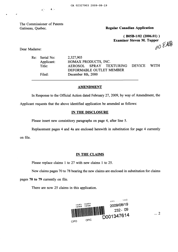 Canadian Patent Document 2327903. Prosecution-Amendment 20081219. Image 1 of 12