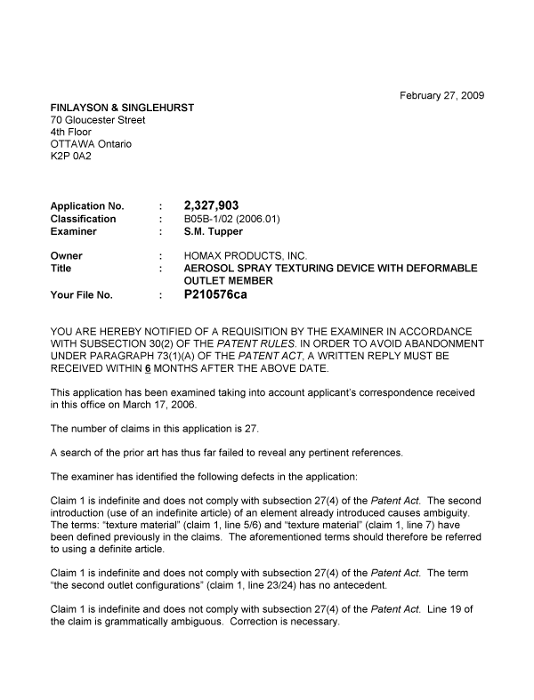 Canadian Patent Document 2327903. Prosecution-Amendment 20081227. Image 1 of 3