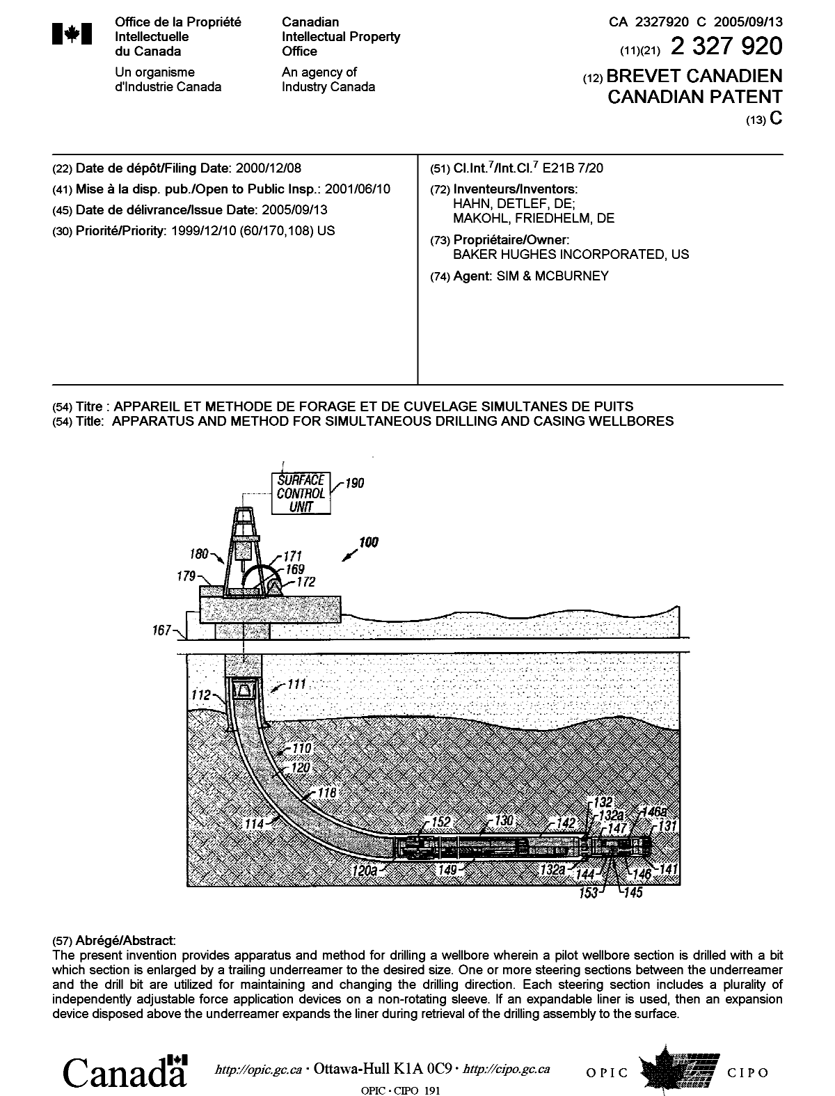 Canadian Patent Document 2327920. Cover Page 20050818. Image 1 of 1