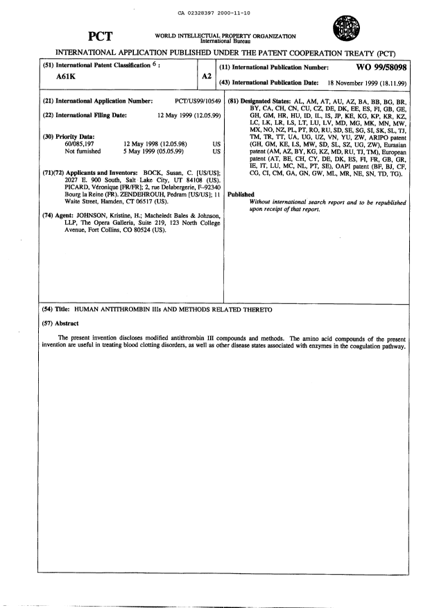 Document de brevet canadien 2328397. Abrégé 20001110. Image 1 de 1