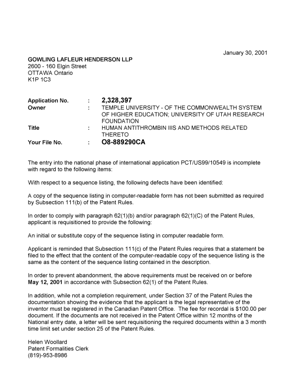 Document de brevet canadien 2328397. Correspondance 20010126. Image 1 de 1