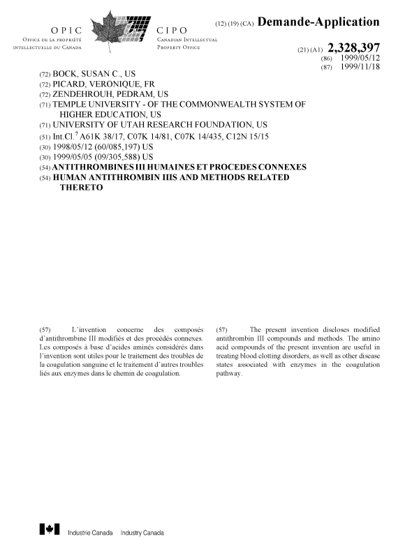 Document de brevet canadien 2328397. Page couverture 20010208. Image 1 de 1